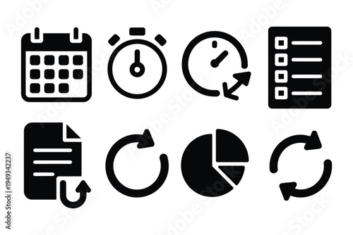 Magnet therapy solid vector icons, therapy protocols, daily use calendar, timed session icon, duration tracking meter, alternative wellness treatment concept.