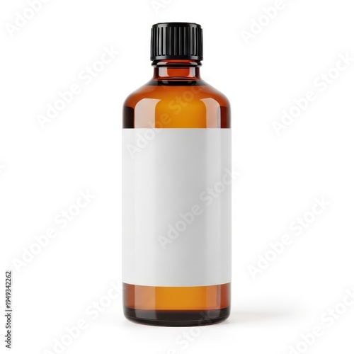 A brown glass bottle with a white label and black cap