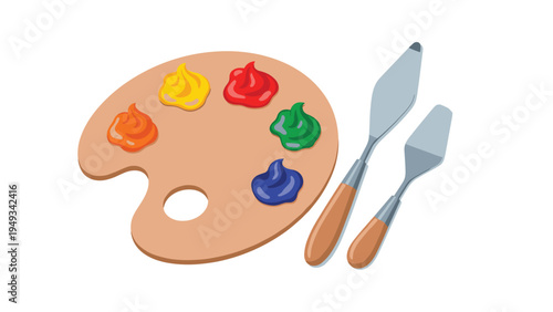 Artist's wooden palette with colorful paint blobs and two metal palette knives on a white background surface.