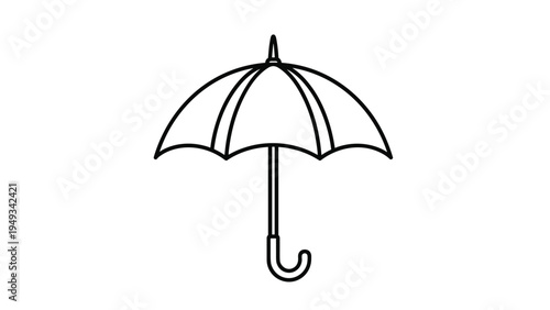 Classic black and white line art illustration of an open umbrella with a curved handle for protection against rain.