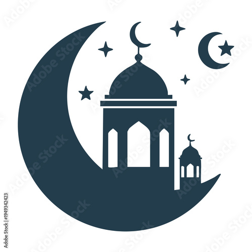 Minimalist flat vector icon of a crescent moon for Eid, white background, no shadows, suitable for apps, websites, and stock platforms.