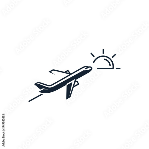Airplane taking off near sun illustration for travel and transportation