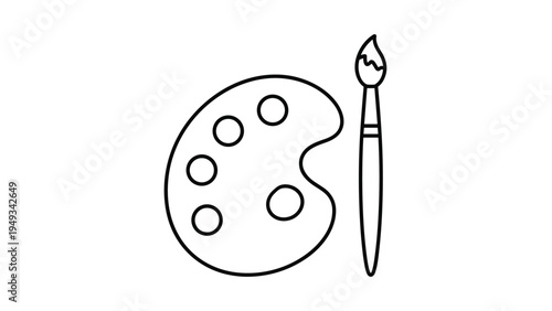 Simple black and white outline illustration of a classic wooden artist palette with five thumb holes and a standard paintbrush for creative arts.