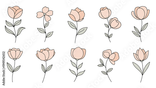 Set of ten minimalist pink flower illustrations with delicate green leaves arranged in two rows against a clean white background for floral design.