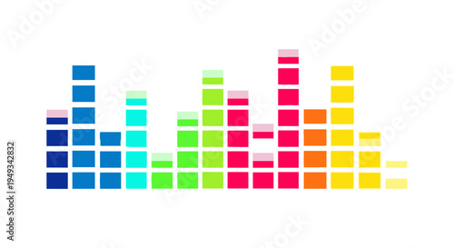 Colorful sound wave equalizer bars on a white background, representing music, audio, and digital sound.