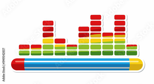 Colorful audio equalizer bar graph with sound wave and volume indicator on white background