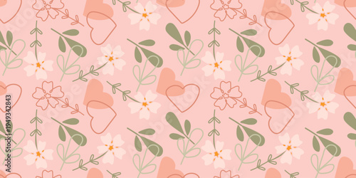 Stylized doodle floral seamless pattern with soft peach and pink accents. Decorative repeat pattern ideal for textile print, fabric, wrapping paper and wallpaper.
