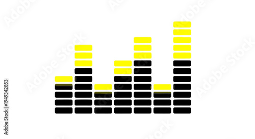 Yellow and black equalizer bars graphic, representing sound, music, audio levels, and technology on a white background.