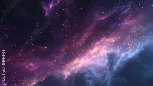 Vibrant purple and pink nebula in a starry night sky with clouds