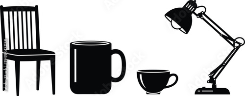 Black silhouette furniture and object icons set including chair, coffee mug, tea cup and desk lamp, minimal household items illustration for interior, cafe and workspace design