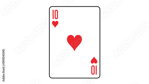 Standard ten of hearts playing card from a traditional deck featuring bright red heart symbols and the number ten in opposite corners on white.