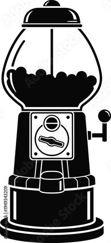Classic gumball vending machine silhouette icon with candy dispenser and coin handle, retro arcade style sweet candy machine vector illustration isolated