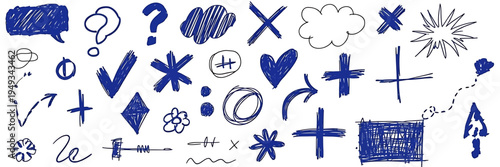 Hand drawn blue and black sketch icons and symbols set on white background