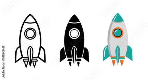 Three rocket ship icons in different colors and styles side by side