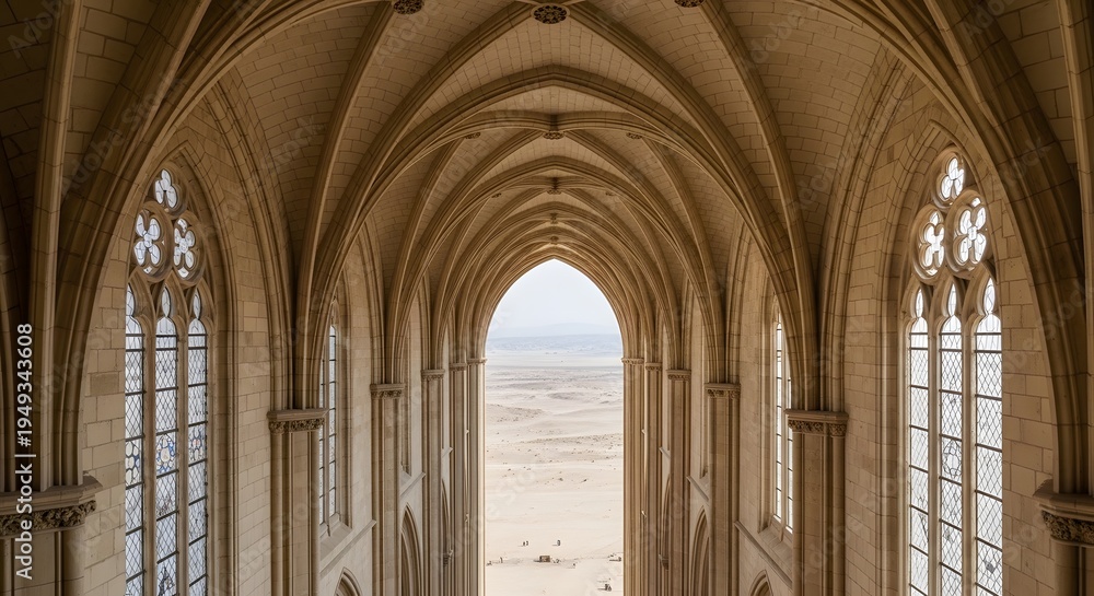 Naklejka premium Cathedral Interior with Desert View: Architectural Elegance and Serene Landscape