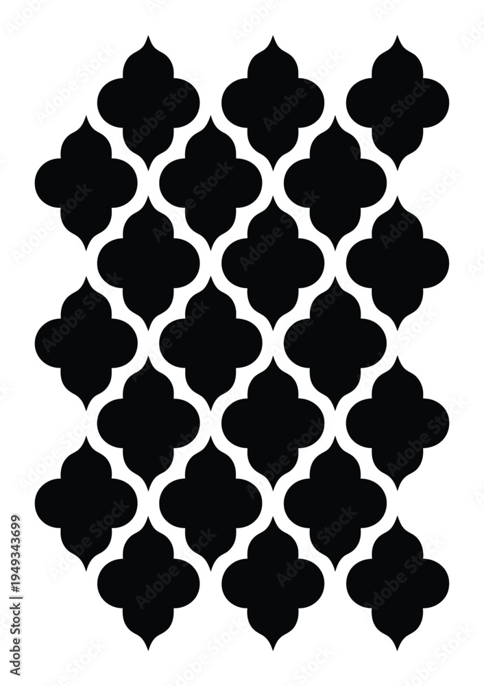 Fototapeta premium Abstract pattern of overlapping quatrefoil shapes in black, repeating decorative motif, seamless geometric background for design