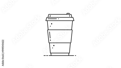Minimalist black and white line drawing of a coffee paper cup with a sleeve and lid isolated on a white background.