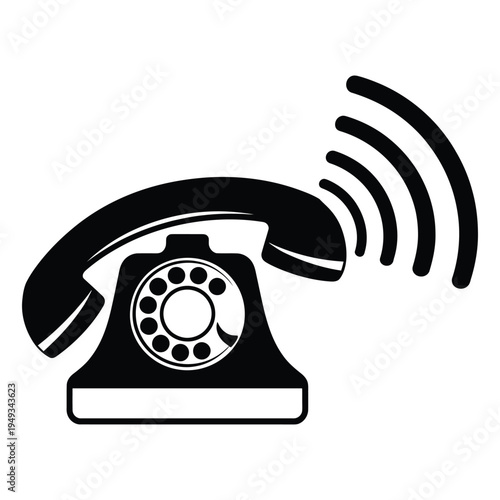 Vintage rotary telephone ringing with sound waves emanating from receiver, retro communication symbol isolated on transparent background