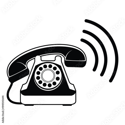 Vintage rotary telephone ringing with sound waves emanating from receiver, retro communication symbol isolated on transparent background