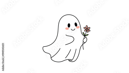Adorable cartoon illustration of a friendly little ghost holding a small pink flower on a plain white background.