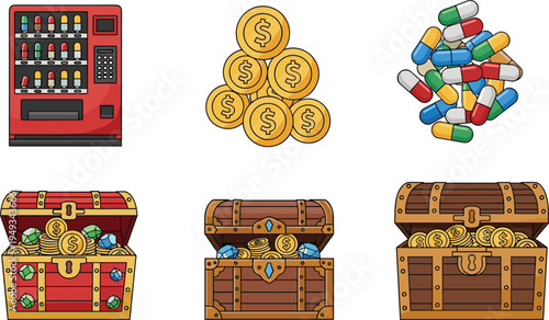 Colorful vector icon set featuring vending machine, gold coins, medicine capsules and treasure chests filled with coins and gems isolated on light background