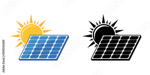 Solar panels with sun icons in color and black and white designs
