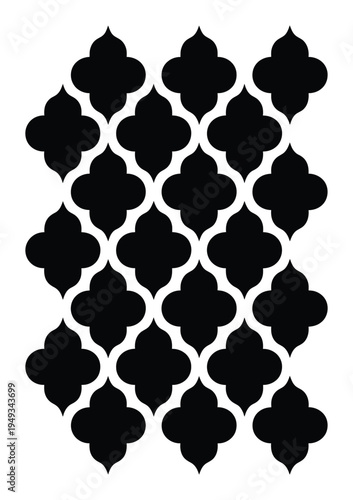 Abstract pattern of overlapping quatrefoil shapes in black, repeating decorative motif, seamless geometric background for design