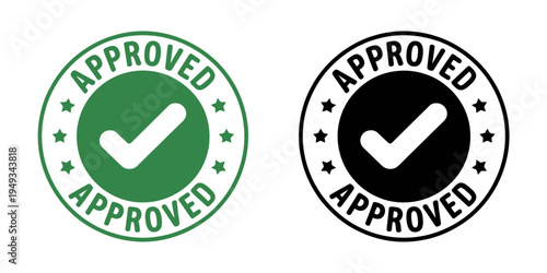 Green and black approved checkmark stamps with stars on white background