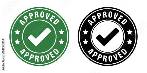 Green and black approved checkmark icons with stars on white background
