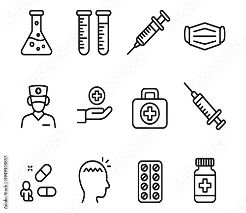Medical icons set line art including syringe mask doctor and pills, healthcare symbols for clinic and hospital, simple outline graphics