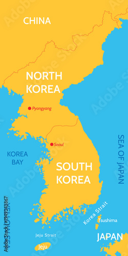 Background of administrative map of South Korea and North Korea. Korea Bay. Territorial conflict
