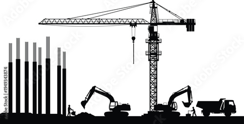 Construction site silhouette with tower crane, excavators, workers and dump truck, urban building development concept with heavy machinery and infrastructure construction vector illustration