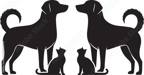 Symmetrical group silhouette of two dogs and two cats facing each other for pet care concept.