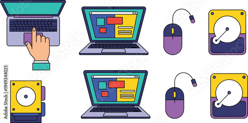 Computer Hardware and Laptop Icon Set with Mouse, Hard Disk Drive, Coding Screen and Touchpad Interaction Technology Symbols