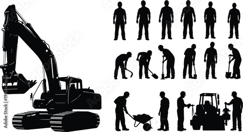 Construction worker silhouettes with excavator machine and laborers using tools, wheelbarrow and drilling equipment isolated vector set representing industrial construction work and engineering 