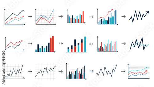 Comprehensive set of various business data graphs and analytical charts showing growth and trends in different colors and formats.
