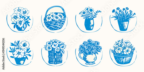 Collection of blue sketched floral arrangements in various containers