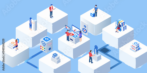 Isometric illustration depicting modern business technology and collaborative work