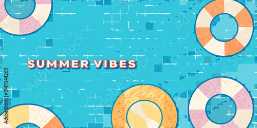 Colorful summer background with life preservers and text overlay