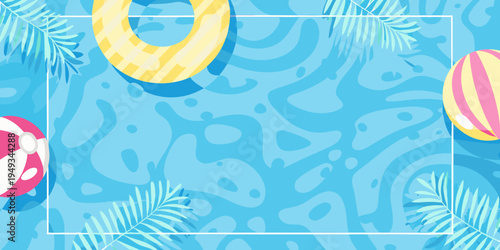 Summer scene with inflatable toys and tropical foliage in water