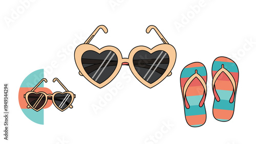 Summer beach vacation collection featuring heart-shaped sunglasses and a pair of striped flip flops for holiday travel themes.