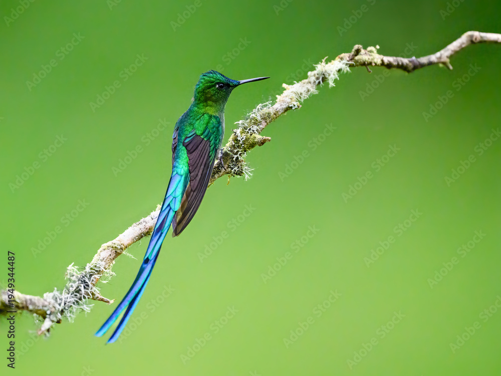 Obraz premium Male Long-tailed Sylph Hummingbird Perched on Lichen Covered Branch