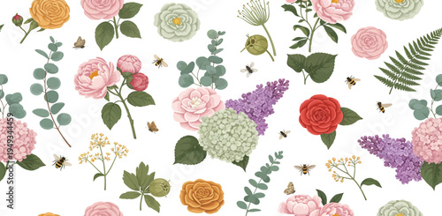 Vibrant floral pattern with assorted colorful flowers and leaves on white background