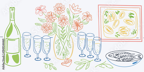 A celebratory still life with flowers champagne and a fish platter