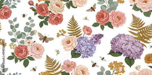 Vibrant floral pattern with colorful flowers and leaves on white background