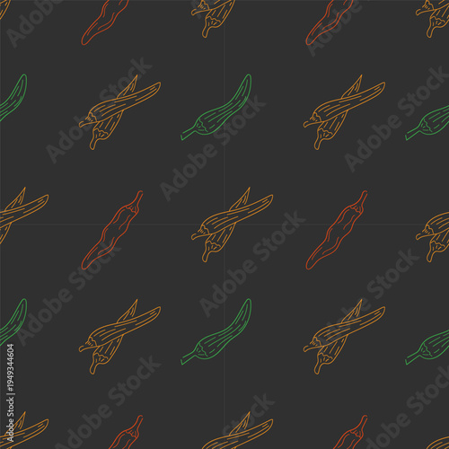 Hand drawn chili pattern, chili peppers doodles seamless background for food packaging