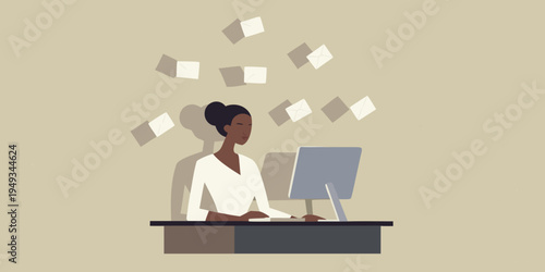 Woman working at a desk with papers floating around her head