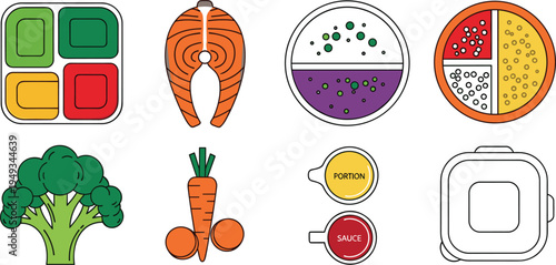 Healthy Meal Prep and Nutrition Icon Set with Salmon, Broccoli, Carrot, Divided Plate, Lunch Box and Seasoning Containers