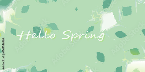 Abstract green background with hello spring text overlay
