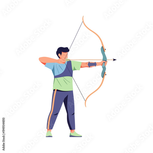 Archer aiming bow and arrow, focused athlete, sport competition, outdoor recreation